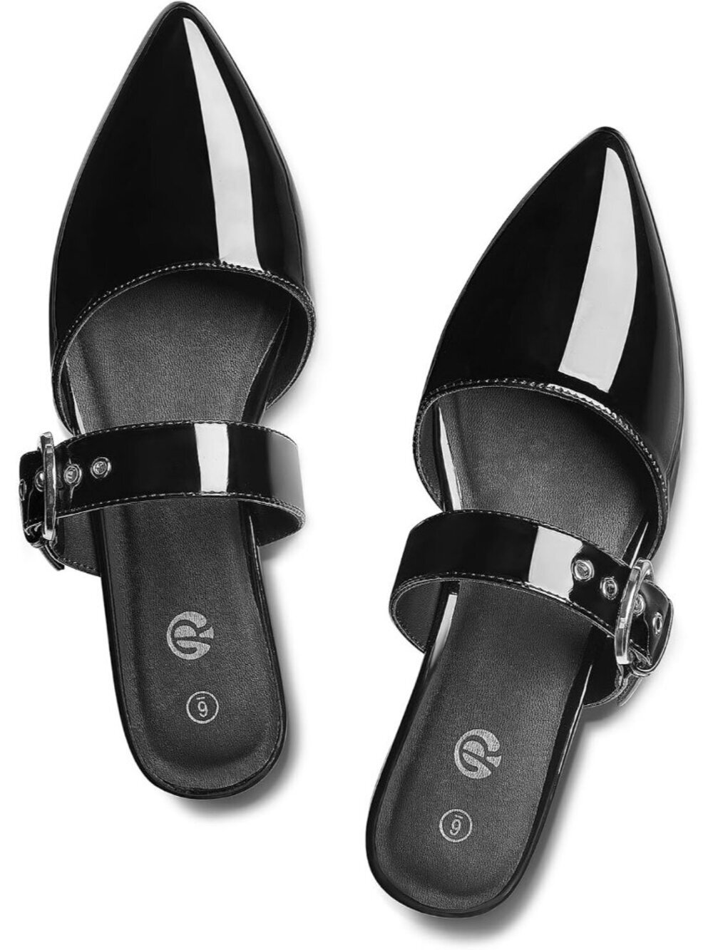 Women's Patent Black Pointed Toe Backless Loafer Shoes with Adjustable Strap